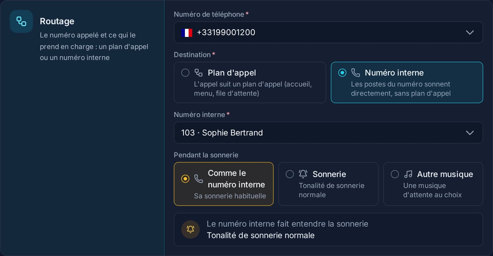 Une entrée qui envoie le numéro public directement sur un numéro interne, avec ce qu'entend l'appelant pendant la sonnerie.