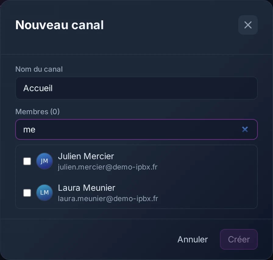 La création d'un canal : un nom, puis les personnes qu'on y met.