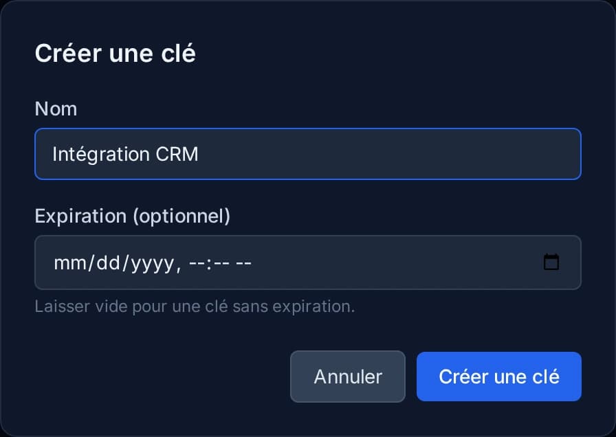 Un nom qui dit à quoi la clé sert, et une expiration si l'usage est daté.