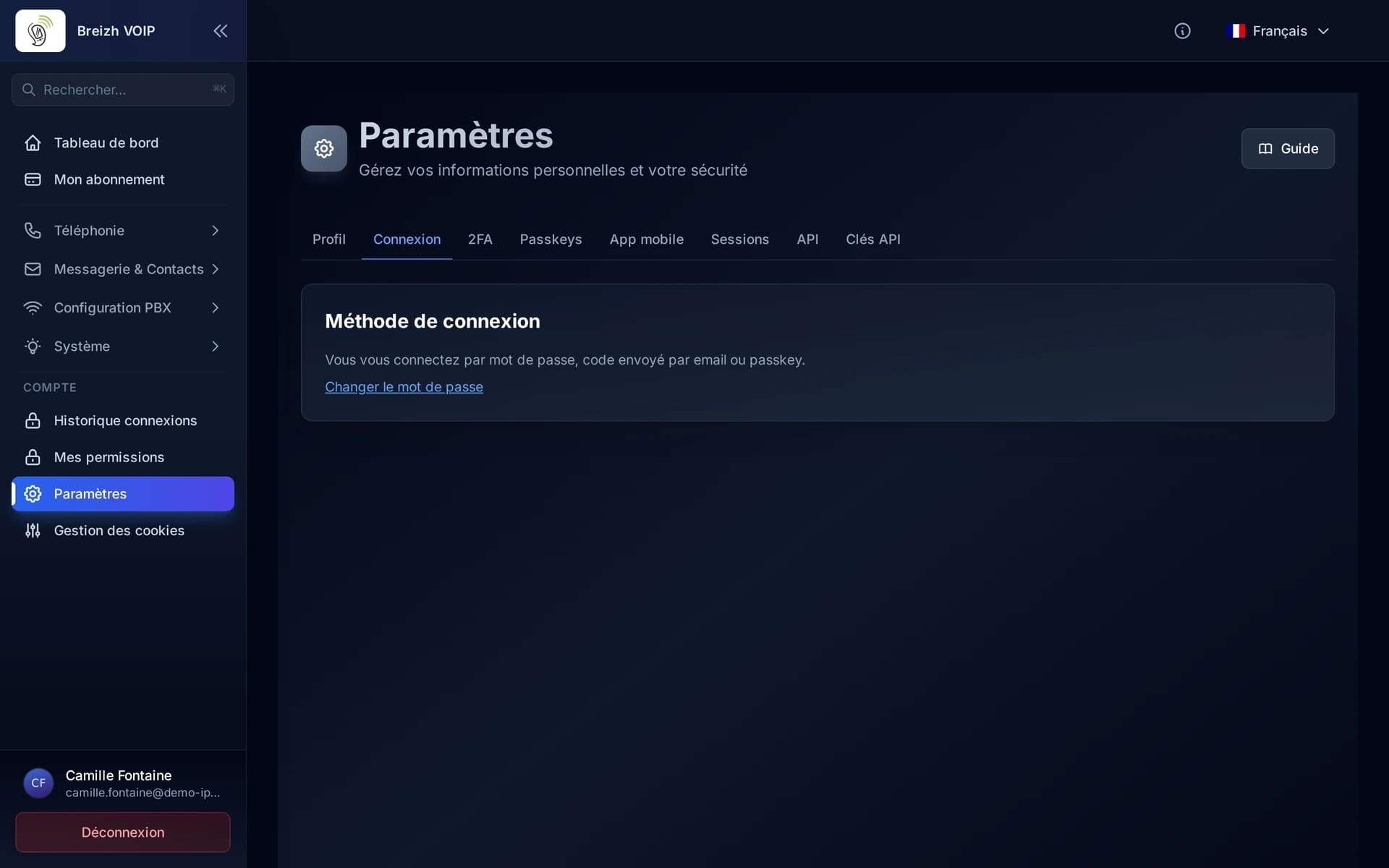 L'onglet Connexion rappelle par quels moyens votre compte s'ouvre.
