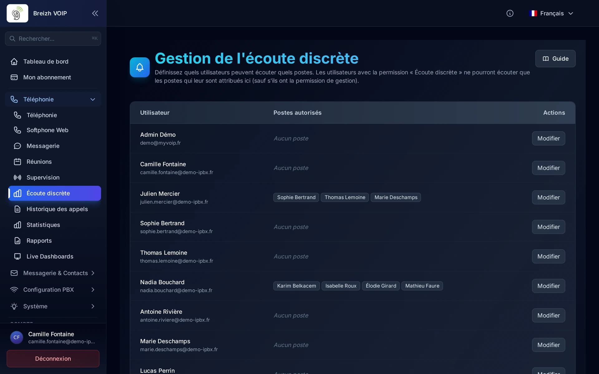 La page de gestion de l'écoute discrète : chaque utilisateur, et la liste des postes qu'il peut écouter.