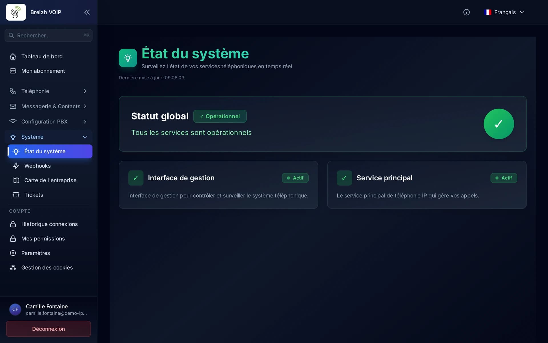 Le statut global, puis chaque service avec son propre voyant.