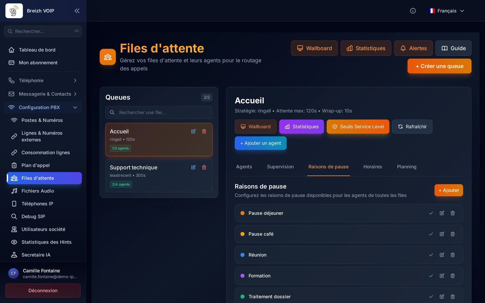 L'onglet Raisons de pause : la liste des motifs, chacun avec sa couleur et ses trois actions.