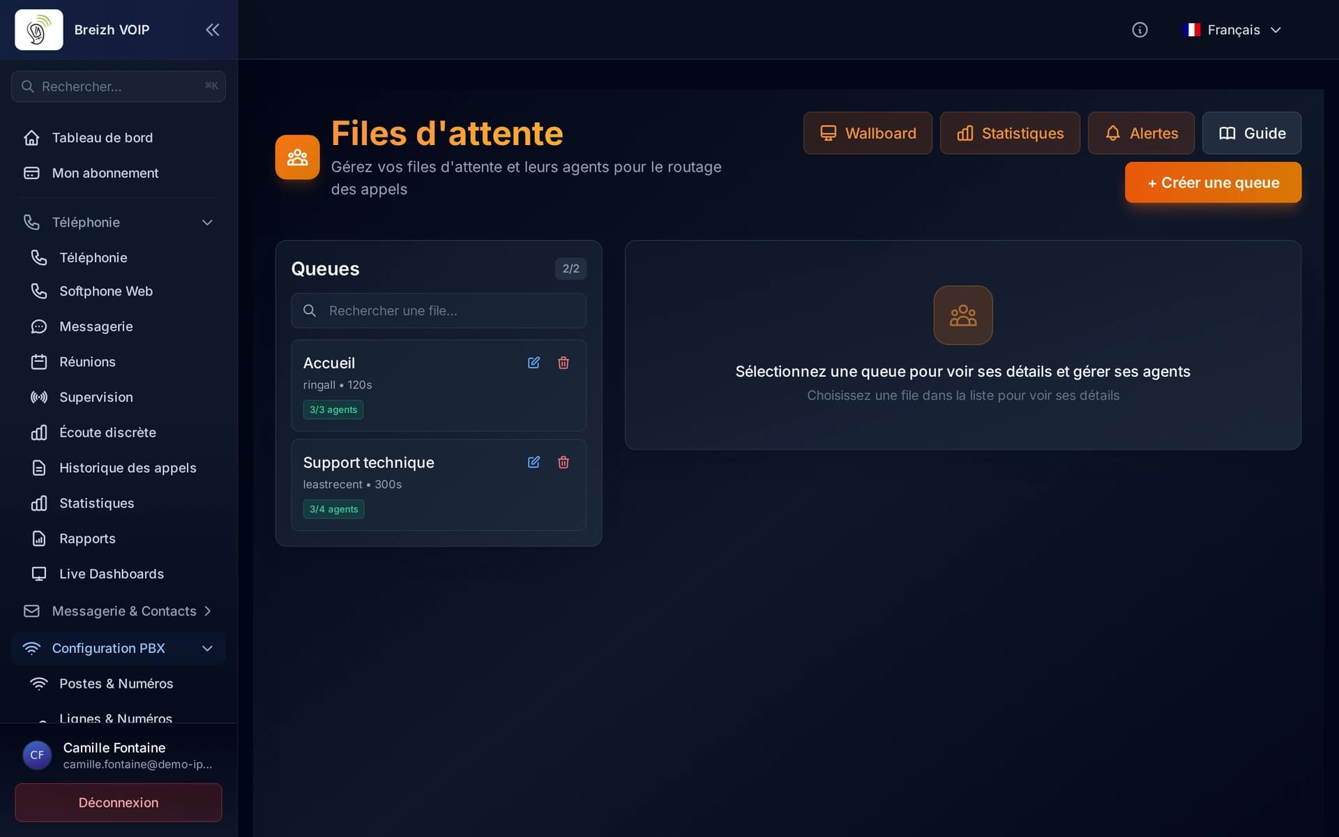 La liste des files d'attente, avec leur stratégie, leur temps d'attente maximum et le nombre d'agents.