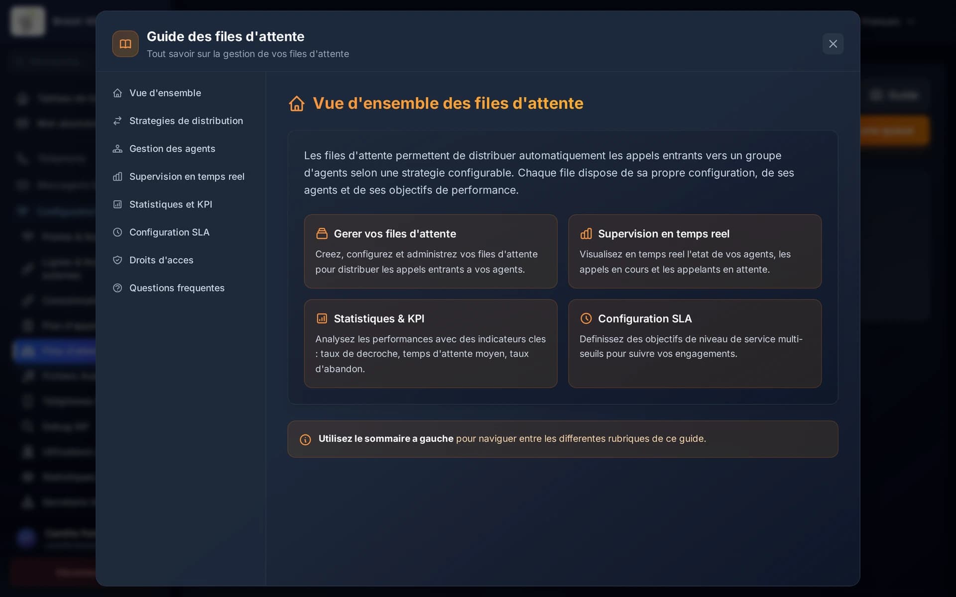 Le guide d'un écran s'ouvre par-dessus, avec son sommaire, et se referme sans rien perdre.