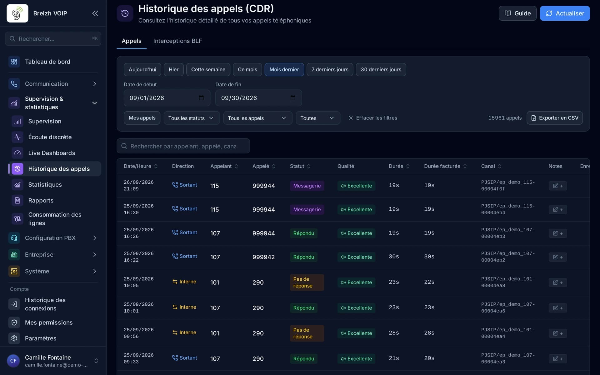 L'historique des appels, avec ses filtres de période au-dessus du tableau.