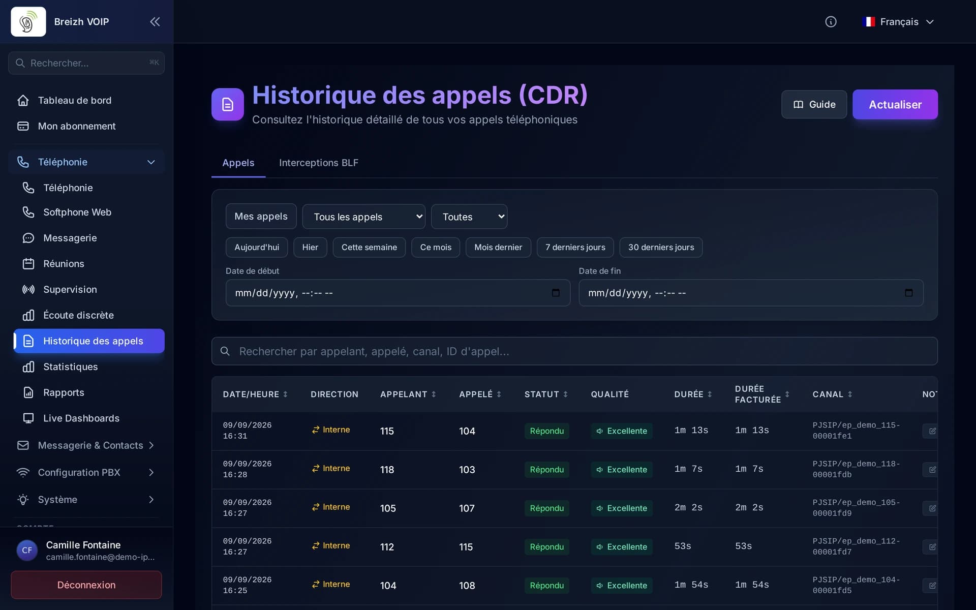 Chaque appel porte son niveau de qualité mesuré, cliquable pour ouvrir le détail.