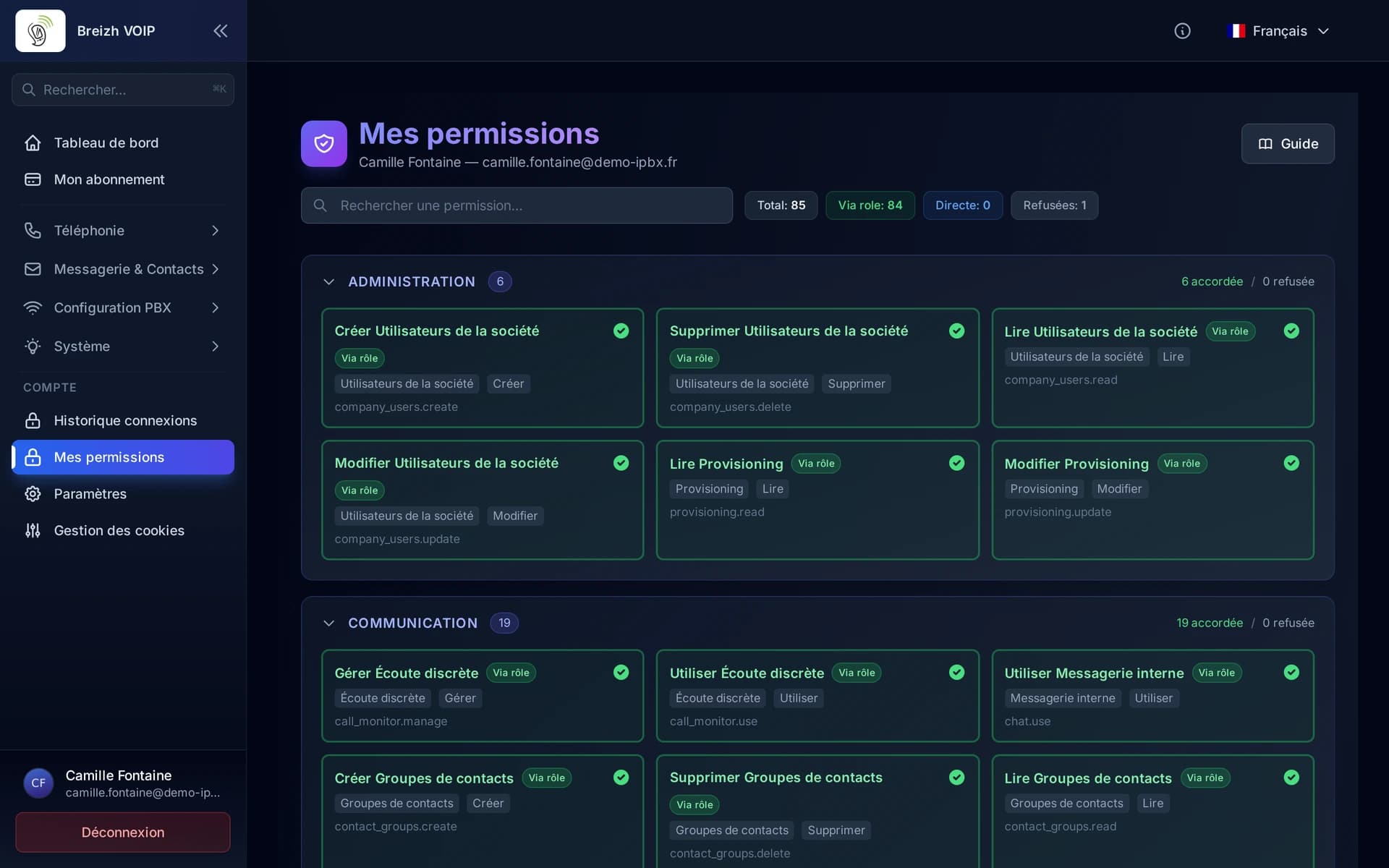 La page liste vos droits par domaine, avec le compte de ceux qui sont accordés.