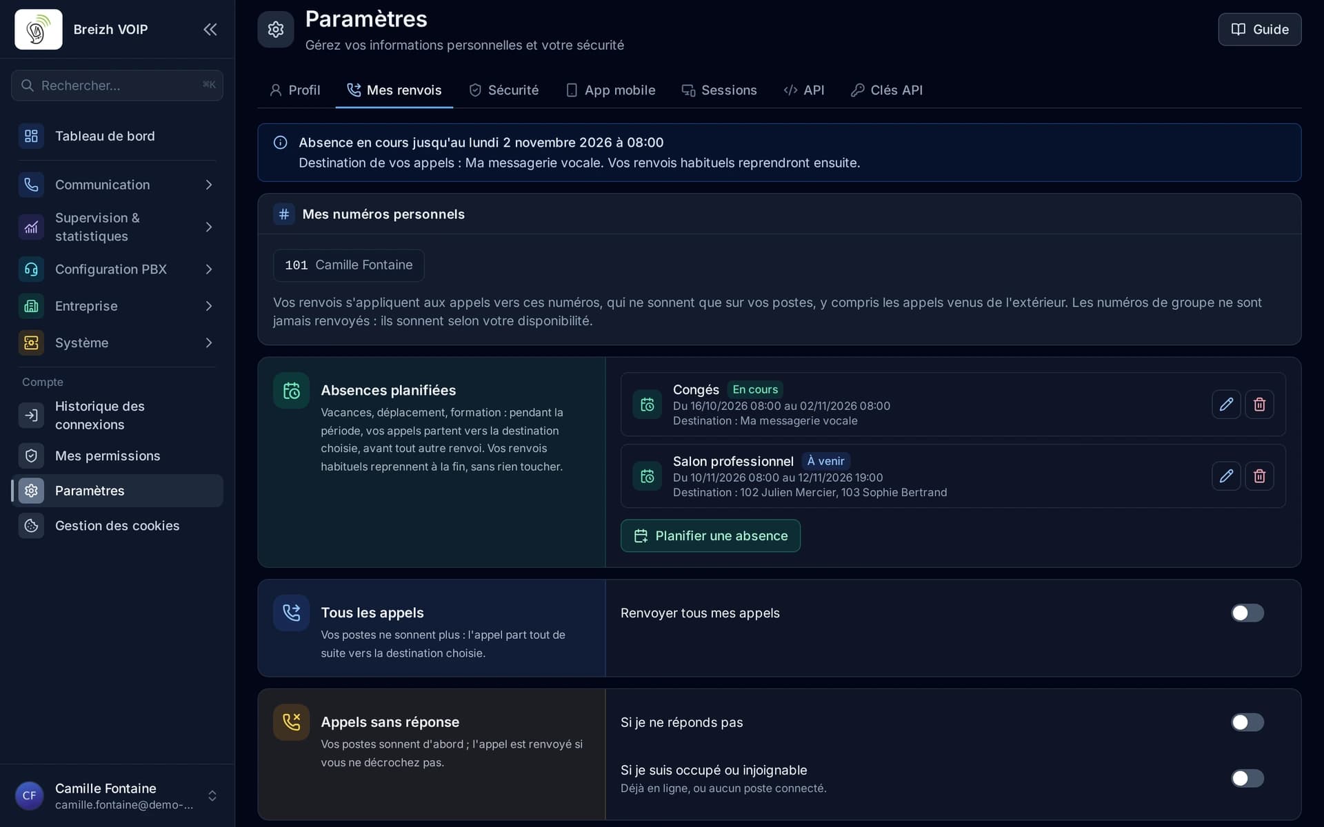 L'onglet Mes renvois : le bandeau de l'absence en cours, vos numéros personnels, les absences planifiées, puis les renvois de tous les appels et des appels sans réponse.
