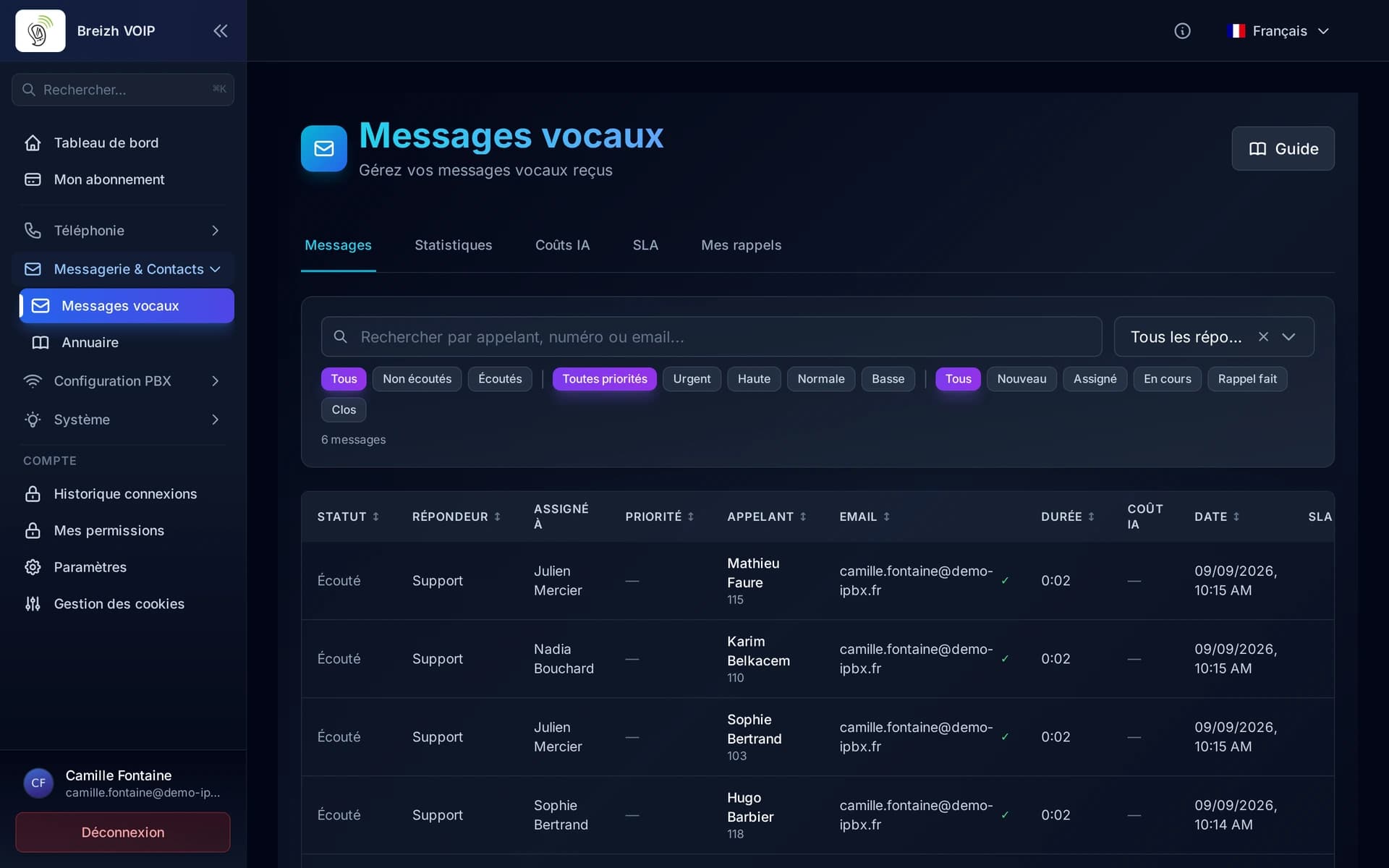 La liste des messages : les filtres en haut, puis le statut, le répondeur, la personne assignée et l'appelant.