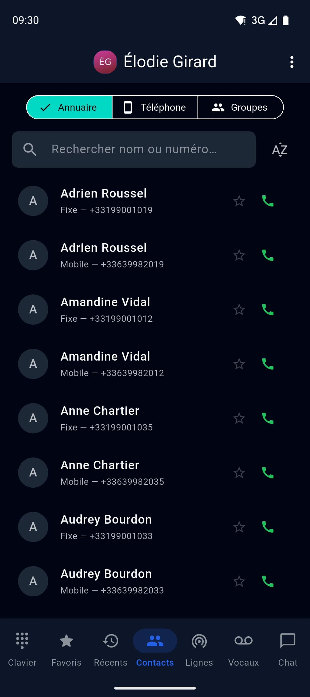 Les contacts : l'annuaire de la société, ceux du téléphone, et les groupes.