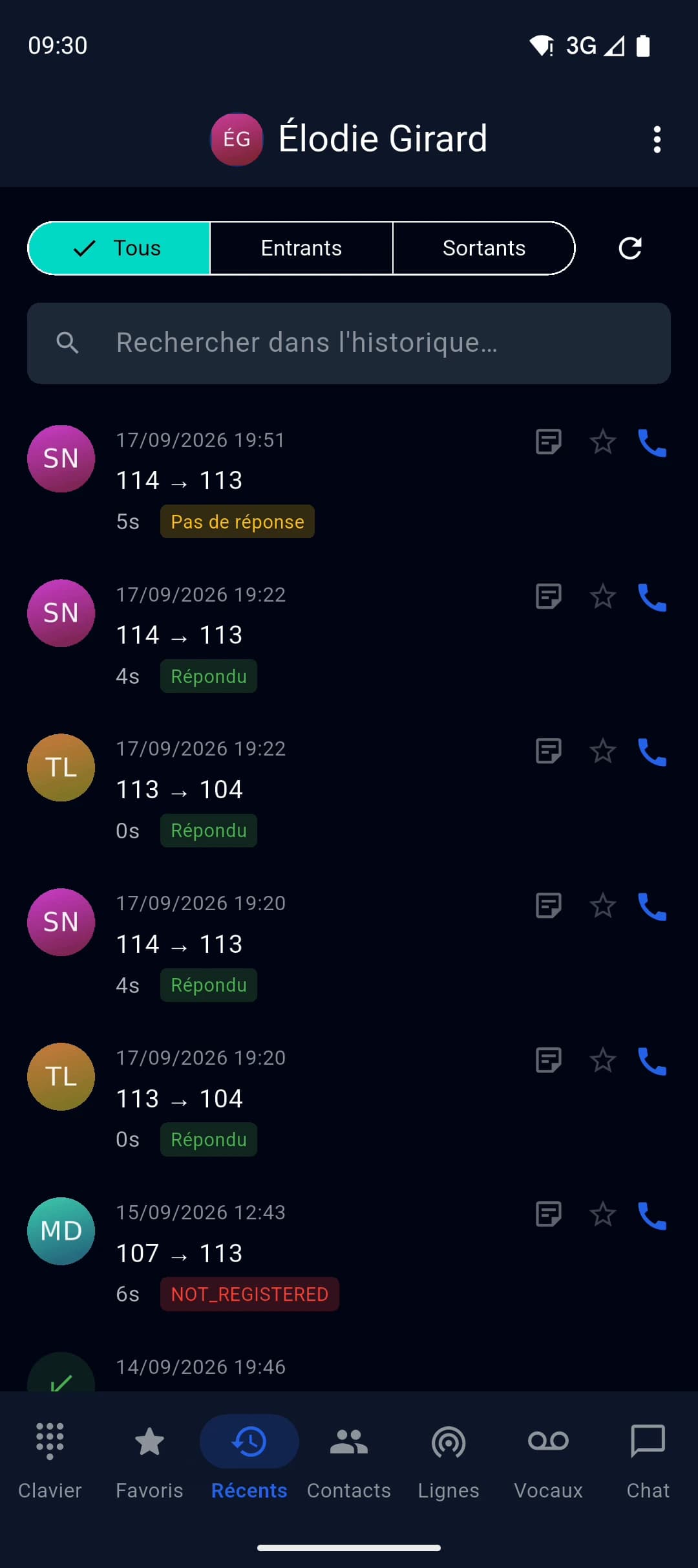 Les appels récents, avec leurs filtres et l'issue de chaque appel.
