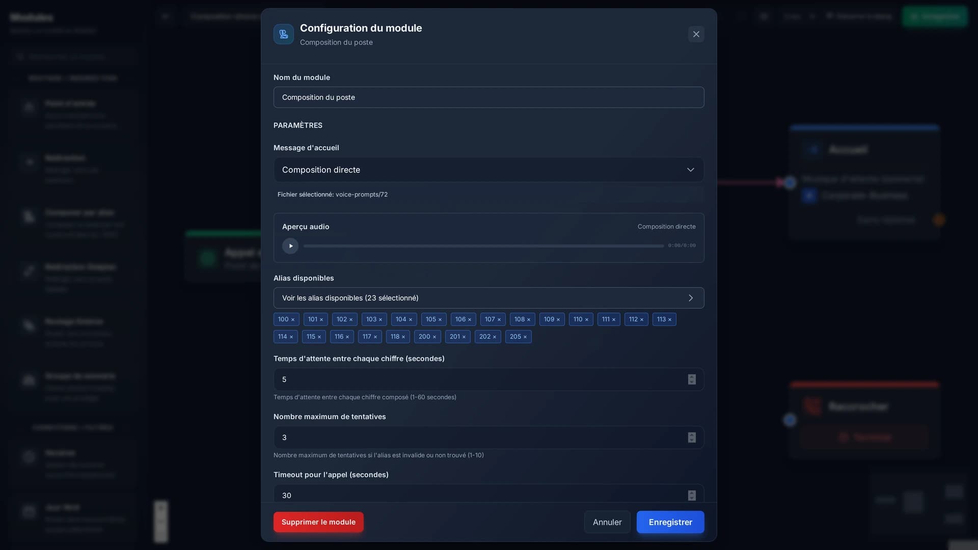 La configuration du module, avec la liste des numéros internes autorisés affichée en pastilles.