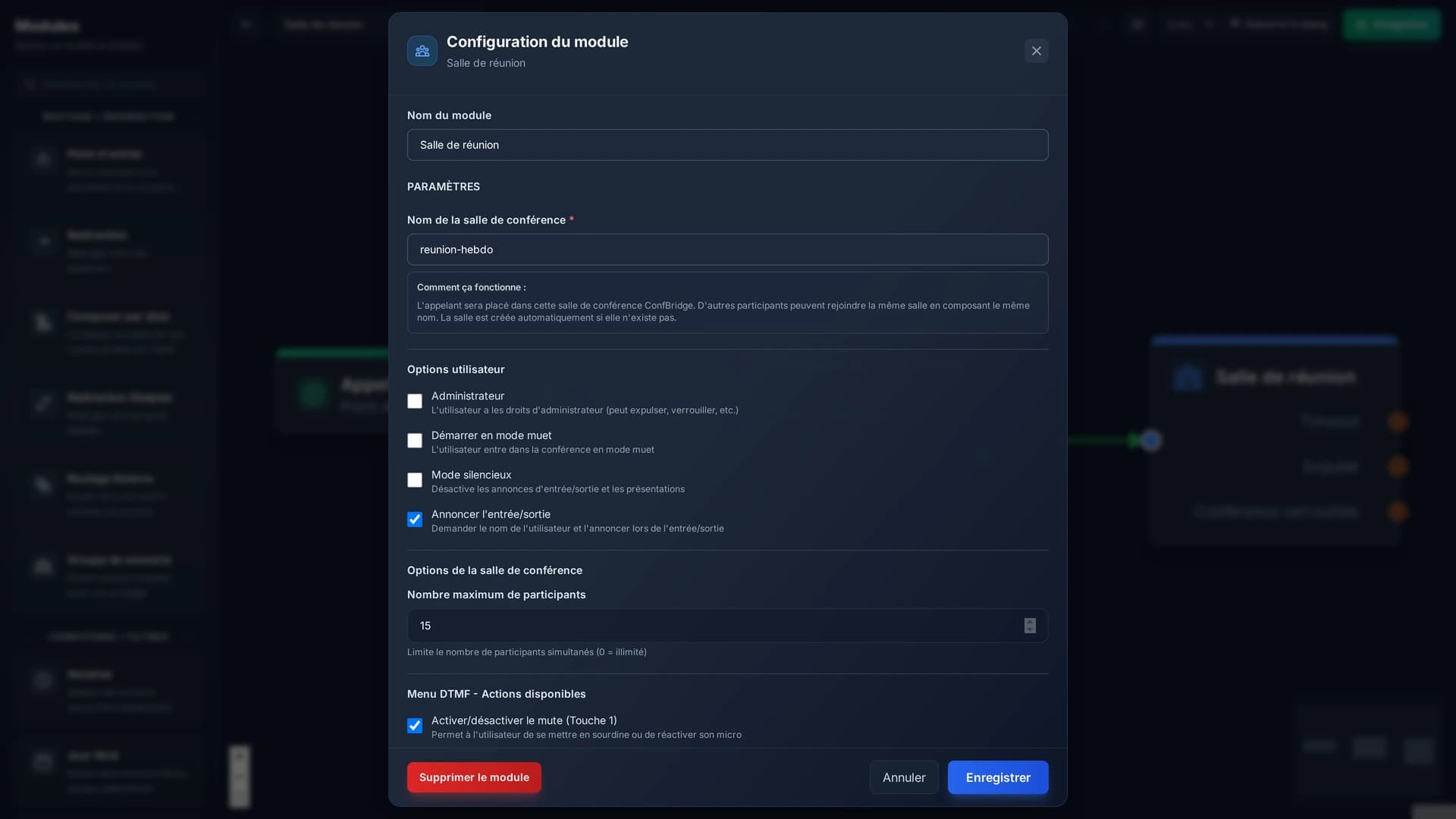 La configuration d'une salle : son nom, les options des participants, la limite et les commandes au clavier.