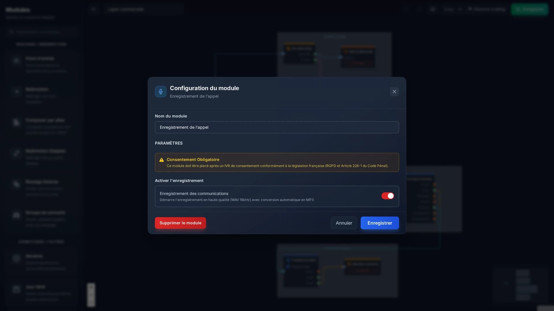 La configuration du module : l'avertissement sur le consentement, et l'interrupteur d'enregistrement.
