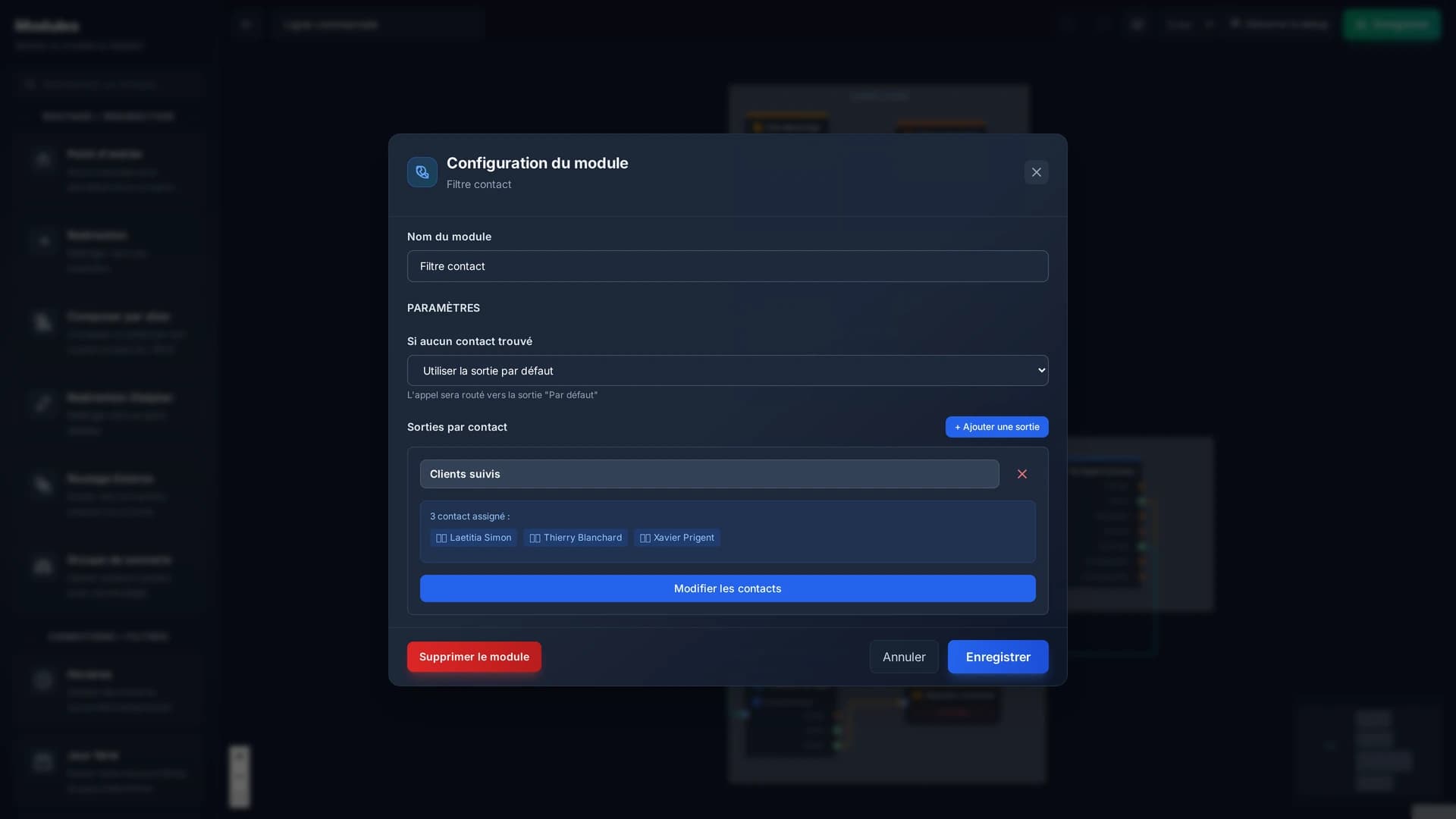 La configuration du filtre : une sortie nommée, les contacts qui lui sont rattachés, et le comportement par défaut.