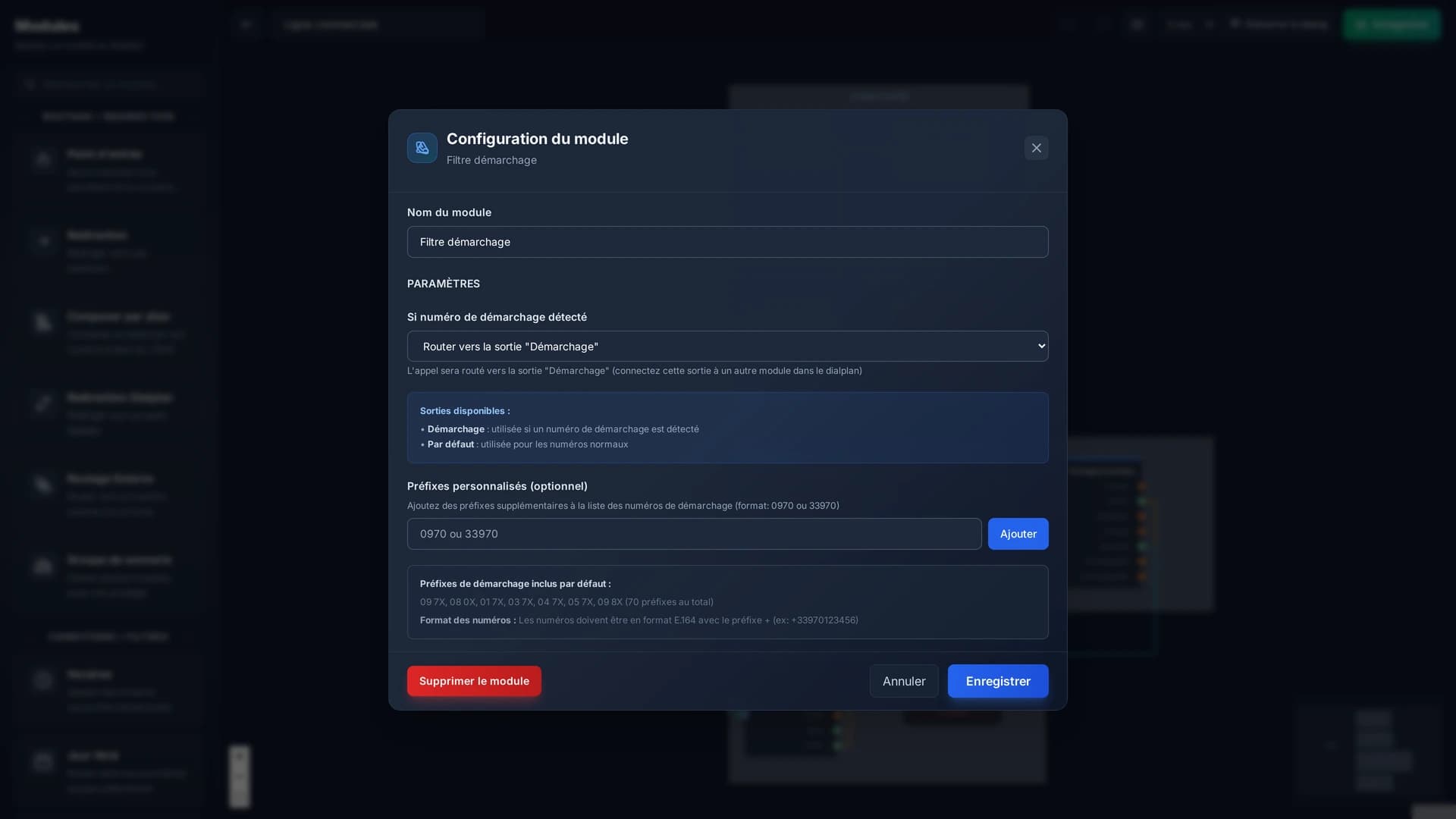 La configuration du filtre : le comportement en cas de détection, et les préfixes ajoutés aux soixante-dix connus.