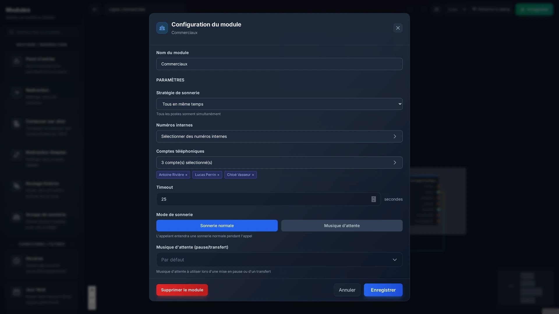 La configuration d'un groupe de sonnerie : la stratégie, les postes appelés, le délai et le mode de sonnerie.
