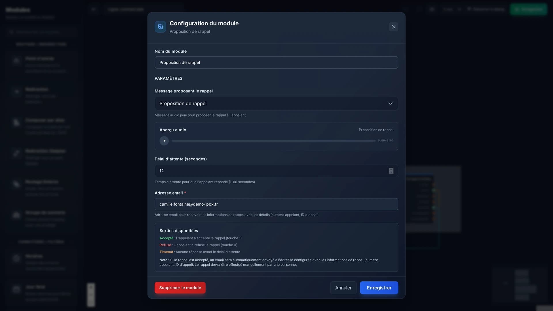 La configuration du module Rappel : le message proposé, le délai de réponse, et l'adresse qui recevra la demande.