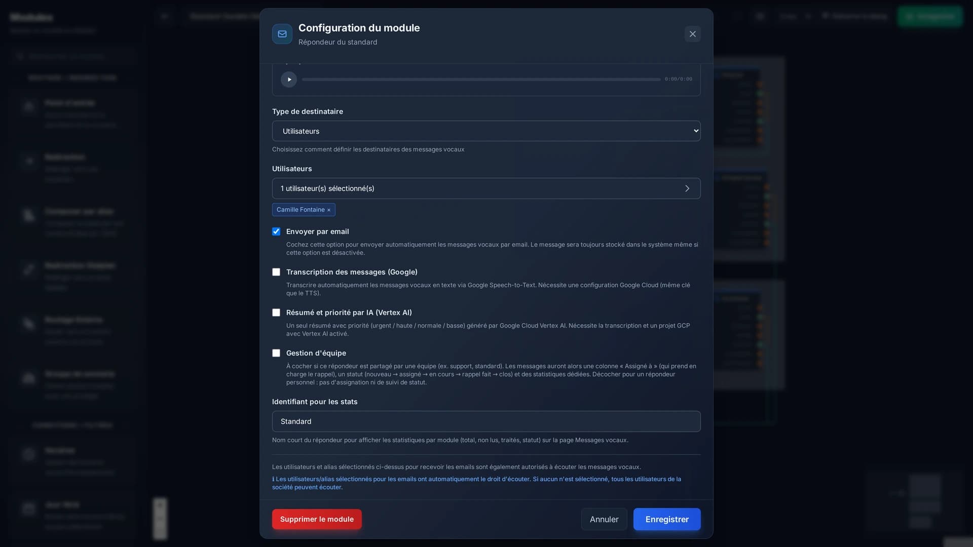 Les options d'équipe : assignation, statuts de traitement, et identifiant pour les statistiques.