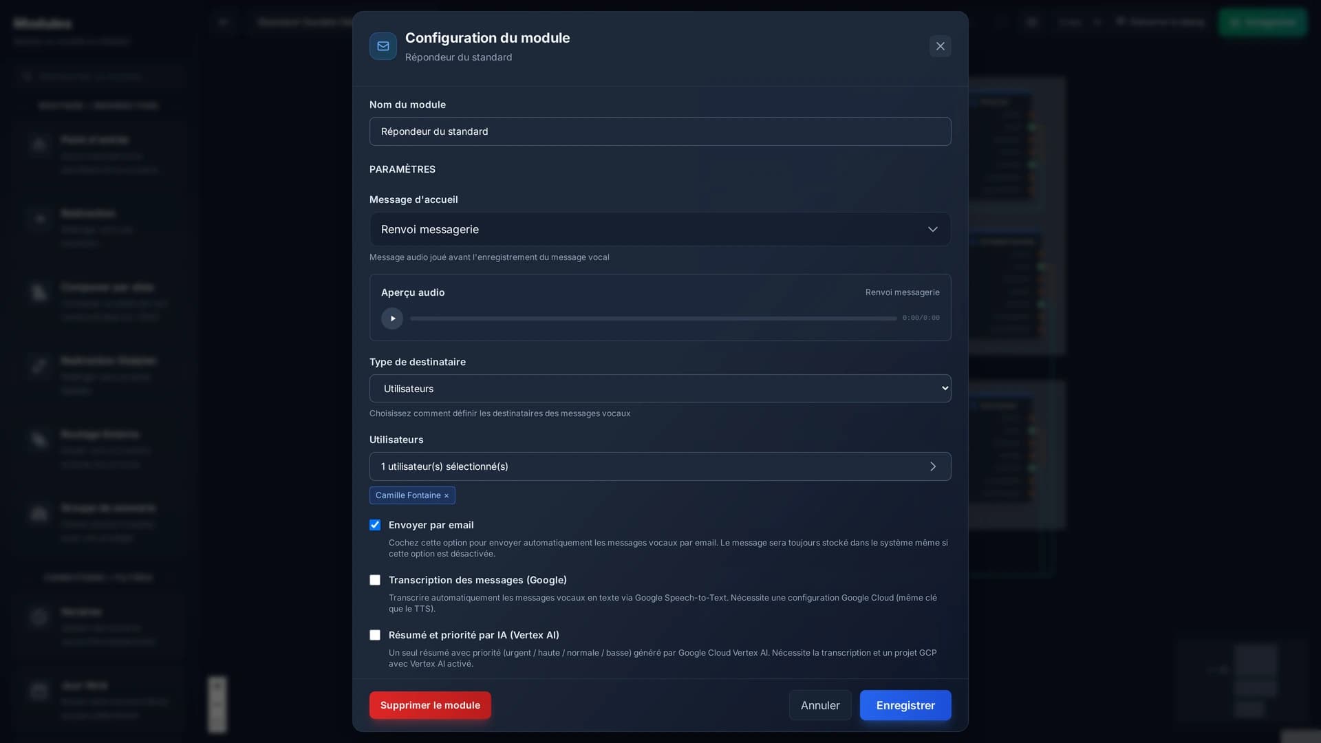 La configuration d'un répondeur : l'annonce jouée avant le bip, les destinataires, et l'envoi par email.