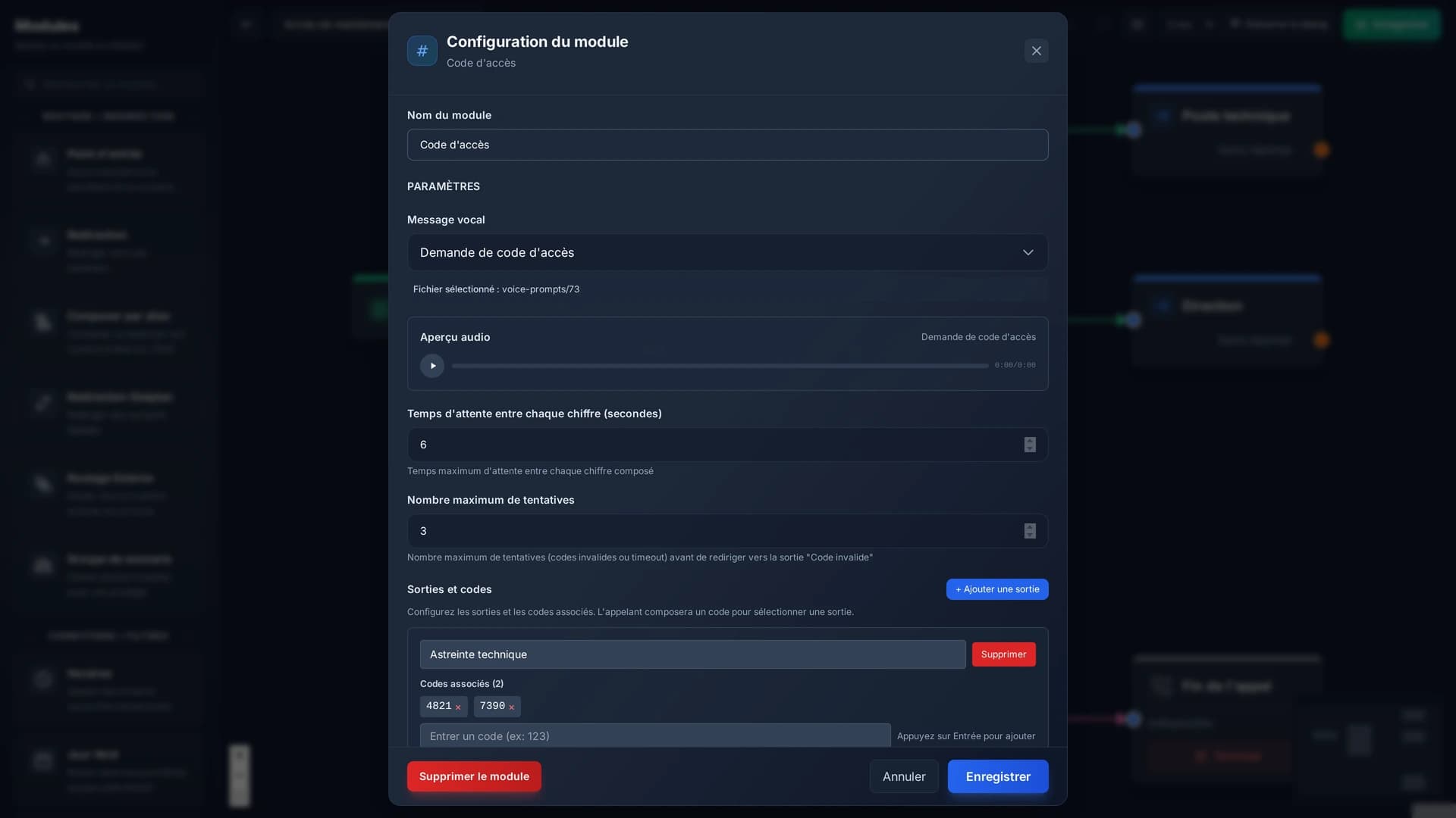 Une sortie « Astreinte technique » avec deux codes qui y mènent, et les réglages de saisie au-dessus.