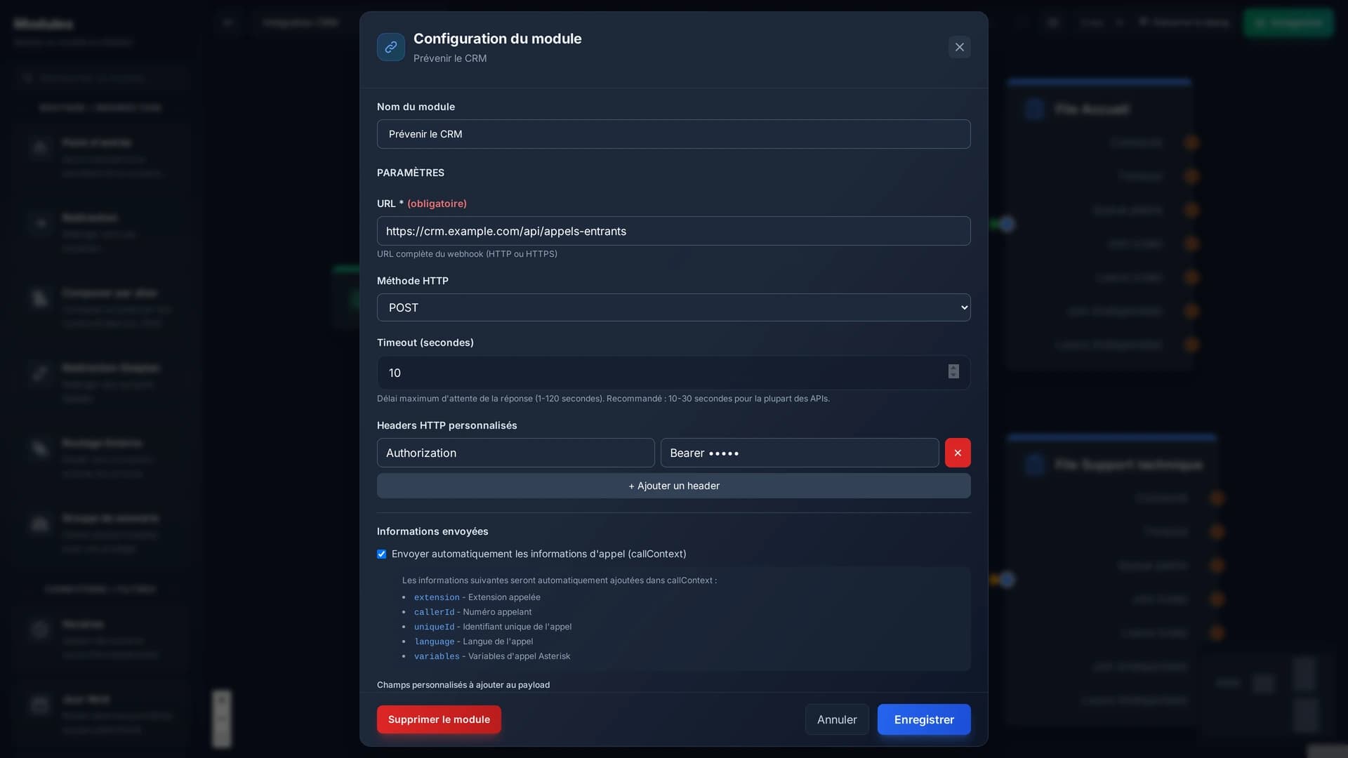 La configuration d'un webhook : l'URL, la méthode, le délai, les en-têtes, et les informations d'appel transmises.