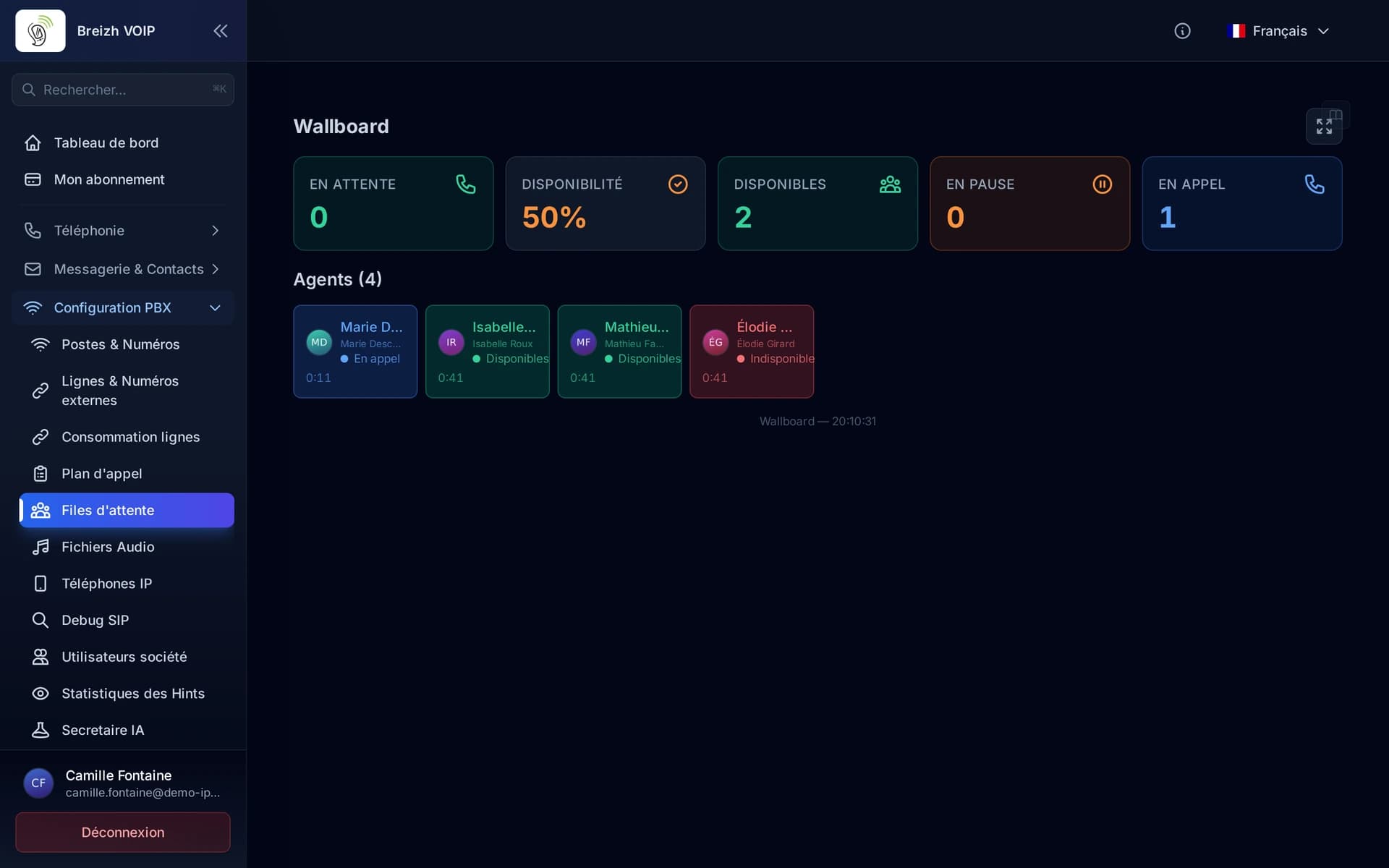 Quatre agents, deux disponibles, un en ligne. Le compteur sous chaque carte indique depuis combien de temps cet état dure.