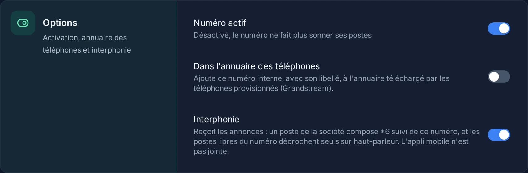 La section Options d'un numéro interne : la case Interphonie permet les annonces sur ses postes.