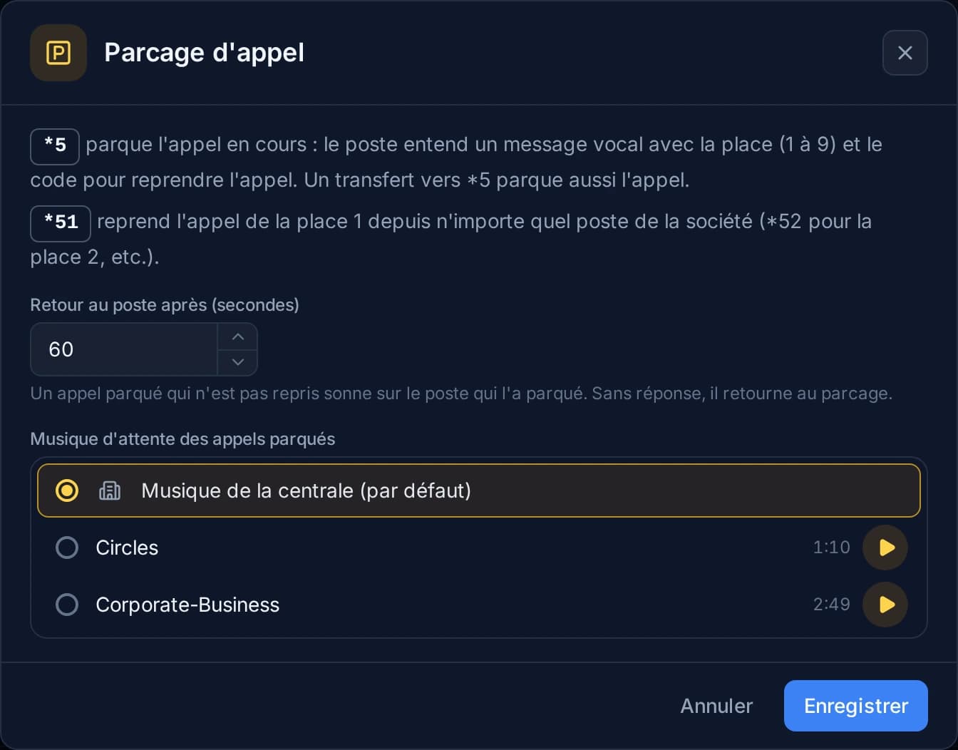 La fenêtre Parcage d'appel : les deux codes, le délai avant le retour au poste et la musique entendue par l'appelant parqué.
