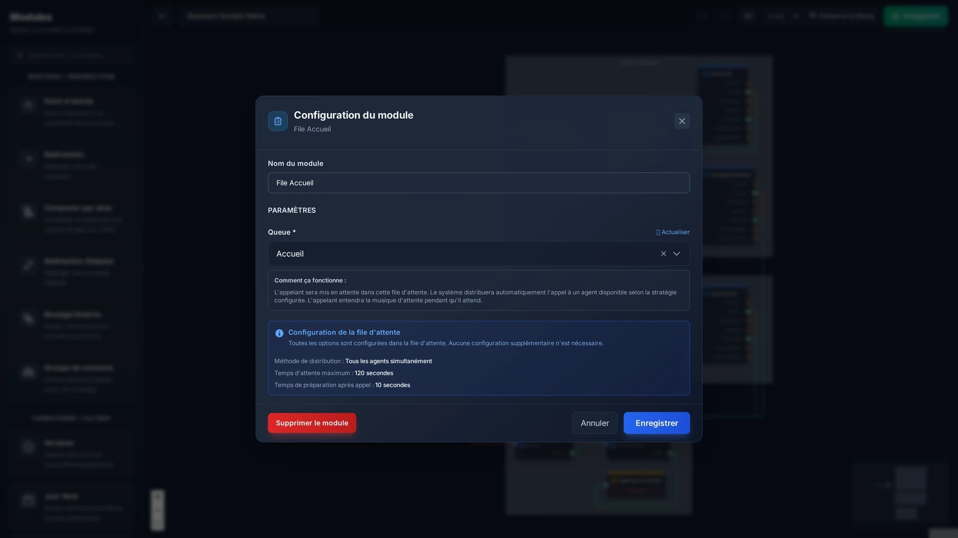 La configuration du module : la file visée, et le rappel de ses réglages, qui restent définis dans la file elle-même.