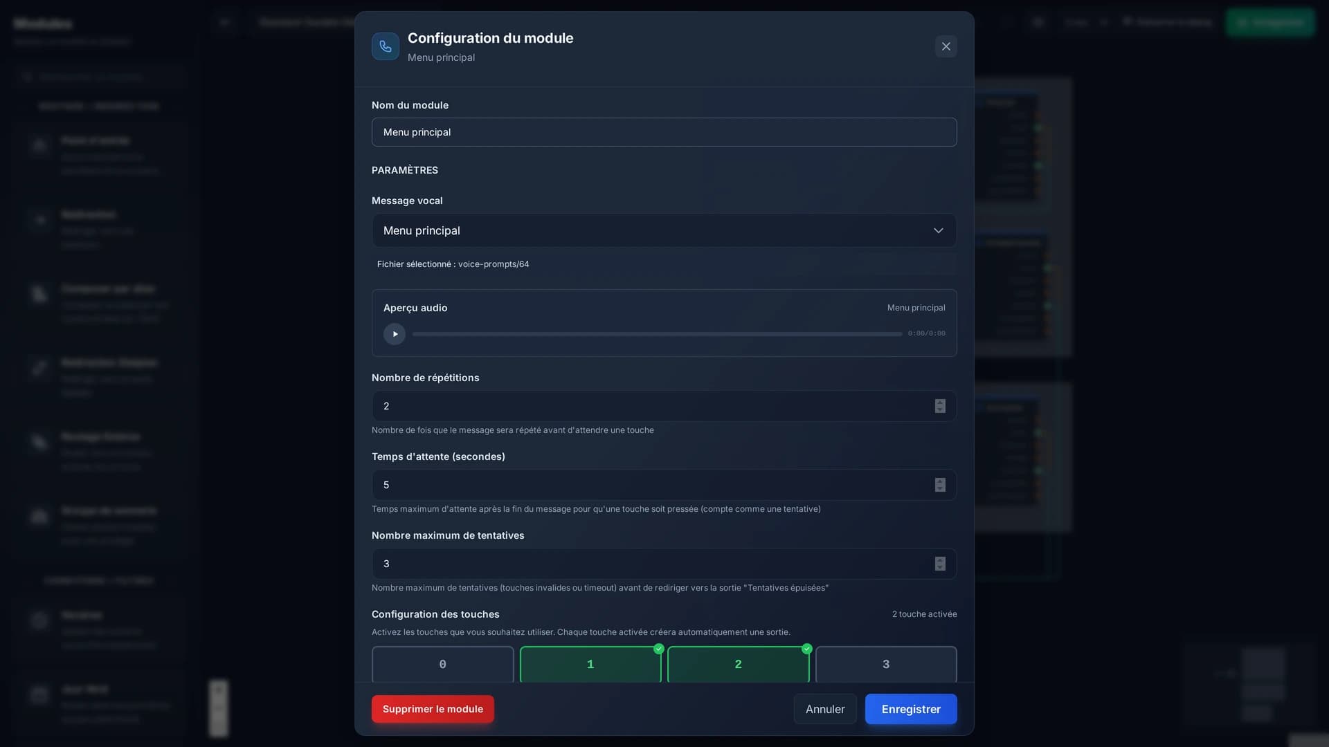 La configuration d'un menu vocal : l'annonce, le nombre de répétitions, le temps d'attente, les tentatives, et la grille des touches.