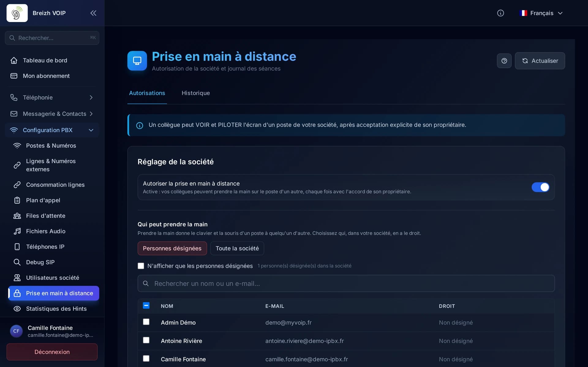 L'onglet Autorisations, avec l'interrupteur de la société, le mode et la liste des personnes.