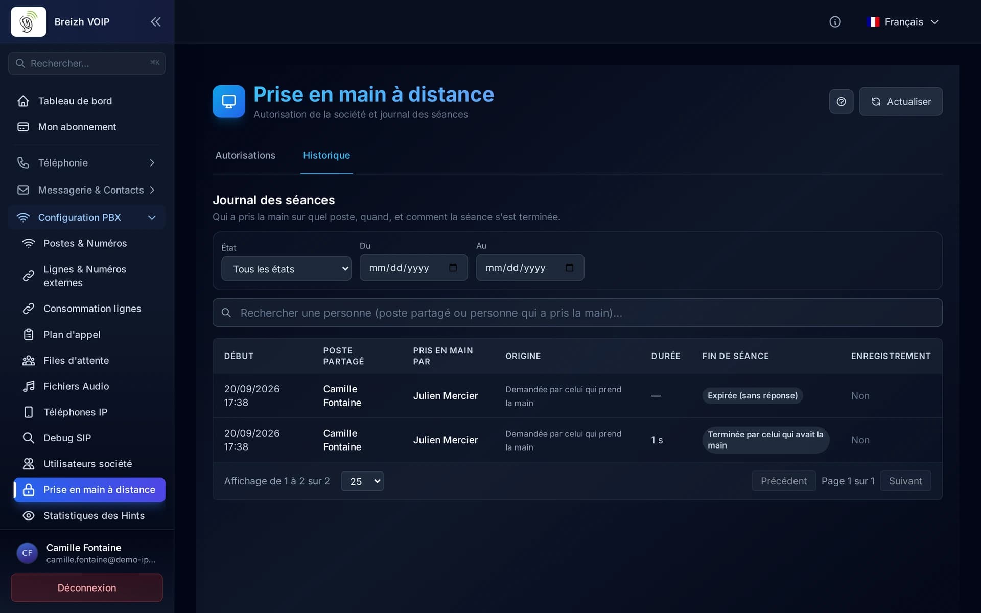 Le journal des séances, avec ses filtres par état et par période.