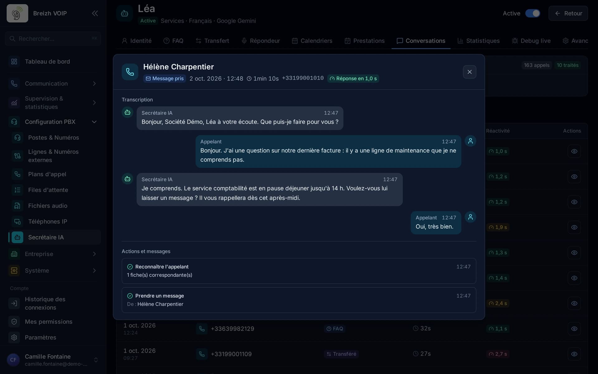 Un appel relu : la conversation, puis les actions de la secrétaire. Pendant la pause de midi, elle a proposé un message plutôt qu'un transfert.
