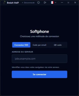 L'écran de connexion de l'application bureau : l'adresse du serveur, puis la méthode d'identification.