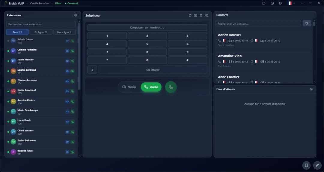L'application bureau en fonctionnement, avec les collègues à gauche et le clavier au centre.