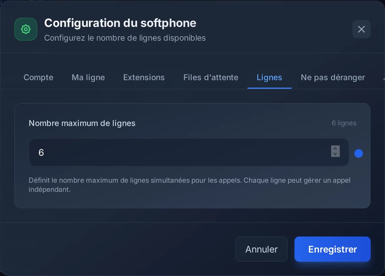 L'onglet Lignes des préférences du softphone : six lignes par défaut, de une à vingt.