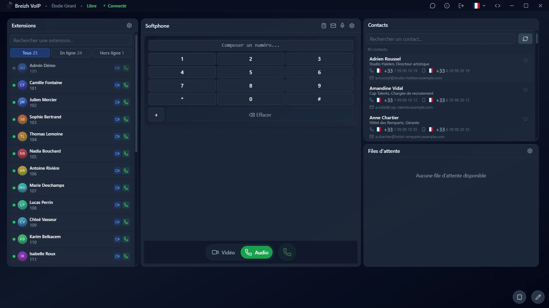 L'application connectée : les collègues à gauche, le clavier au centre, l'annuaire et les files à droite.