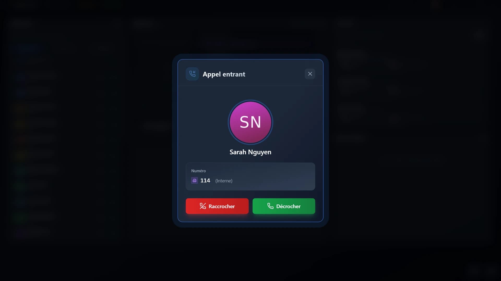 L'appel entrant : le correspondant, son numéro, décrocher ou refuser.