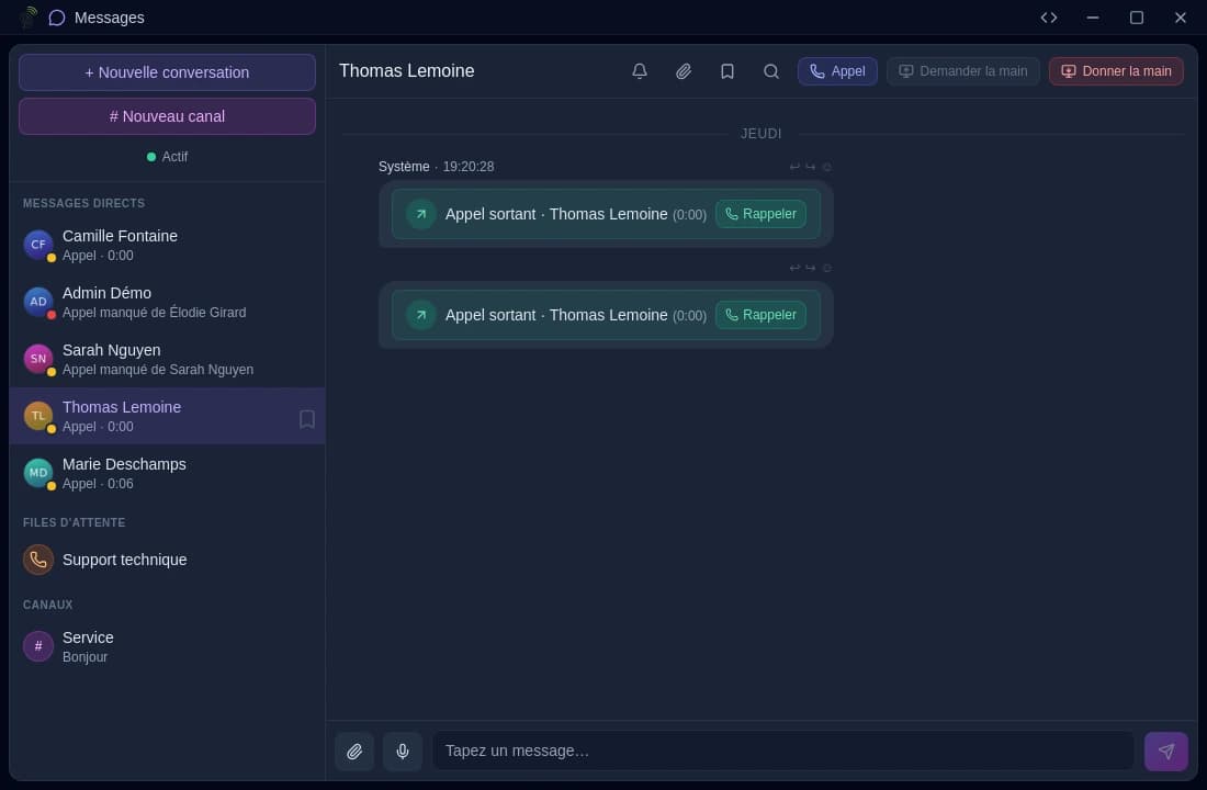 La conversation dans l'application bureau, avec les deux boutons de prise en main dans son en-tête.