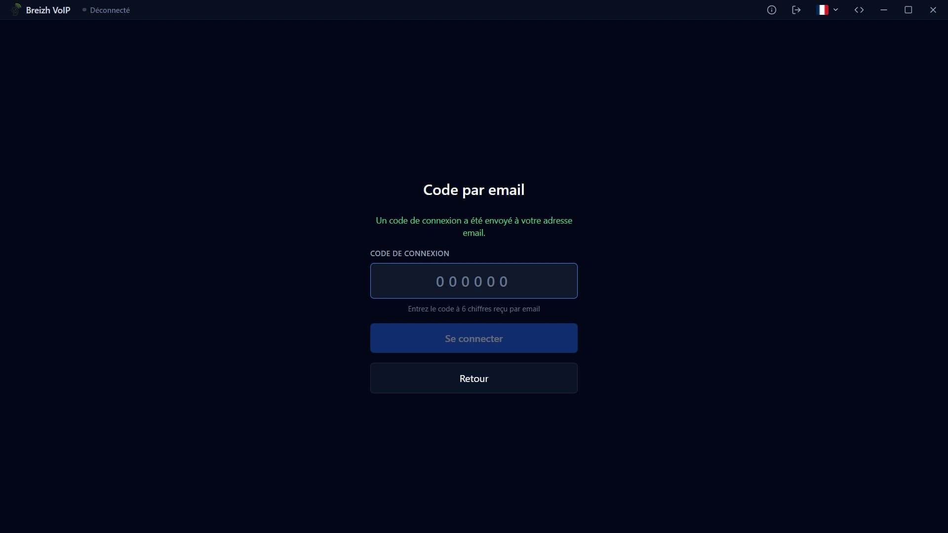 Le code reçu par e-mail se recopie dans l'application ; il vaut dix minutes.