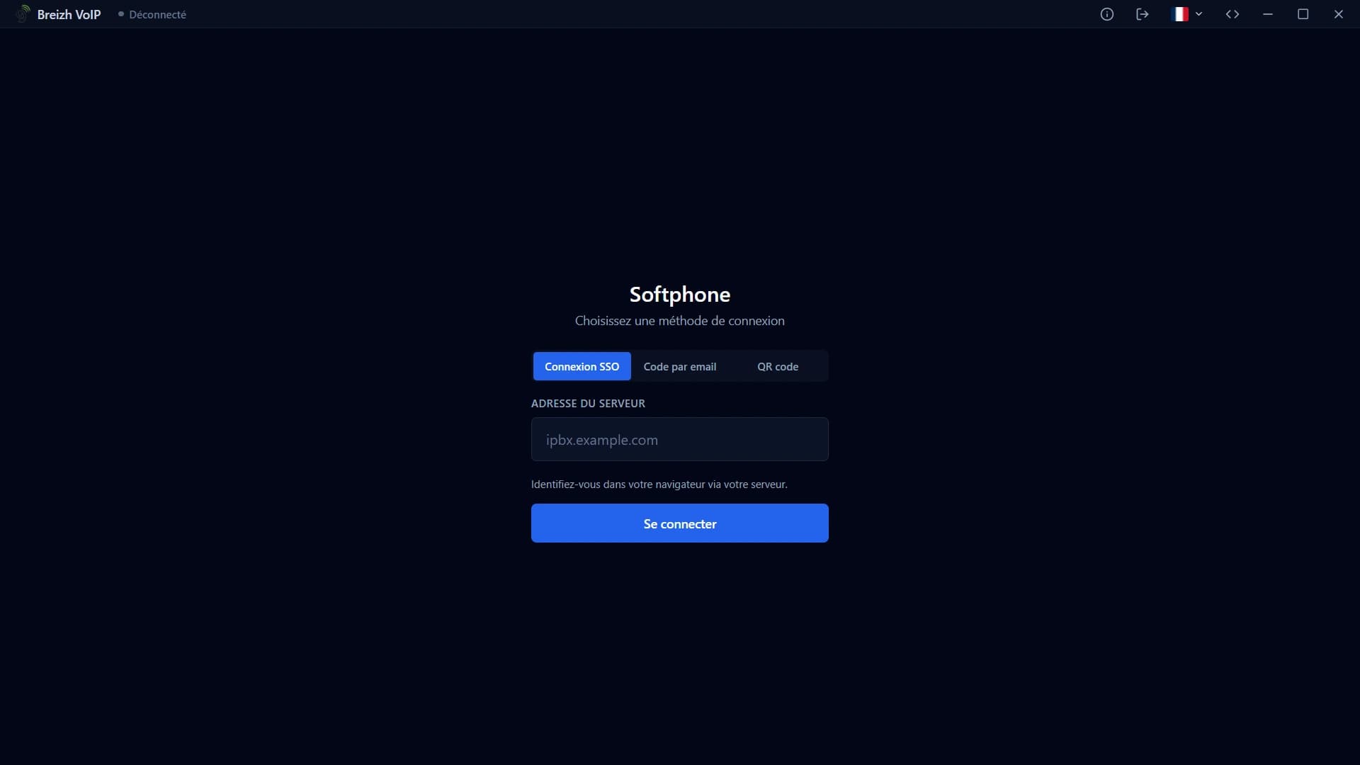 L'écran de connexion : l'adresse du serveur, puis la méthode d'identification.