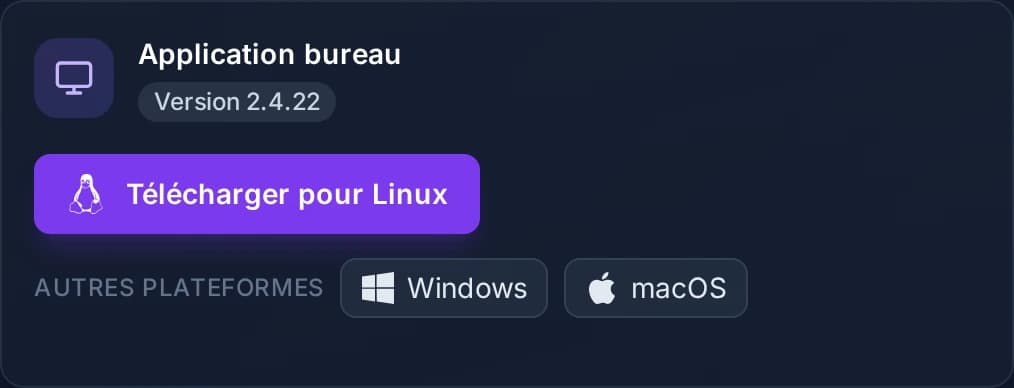 La carte de téléchargement de l'application bureau, sur le tableau de bord.