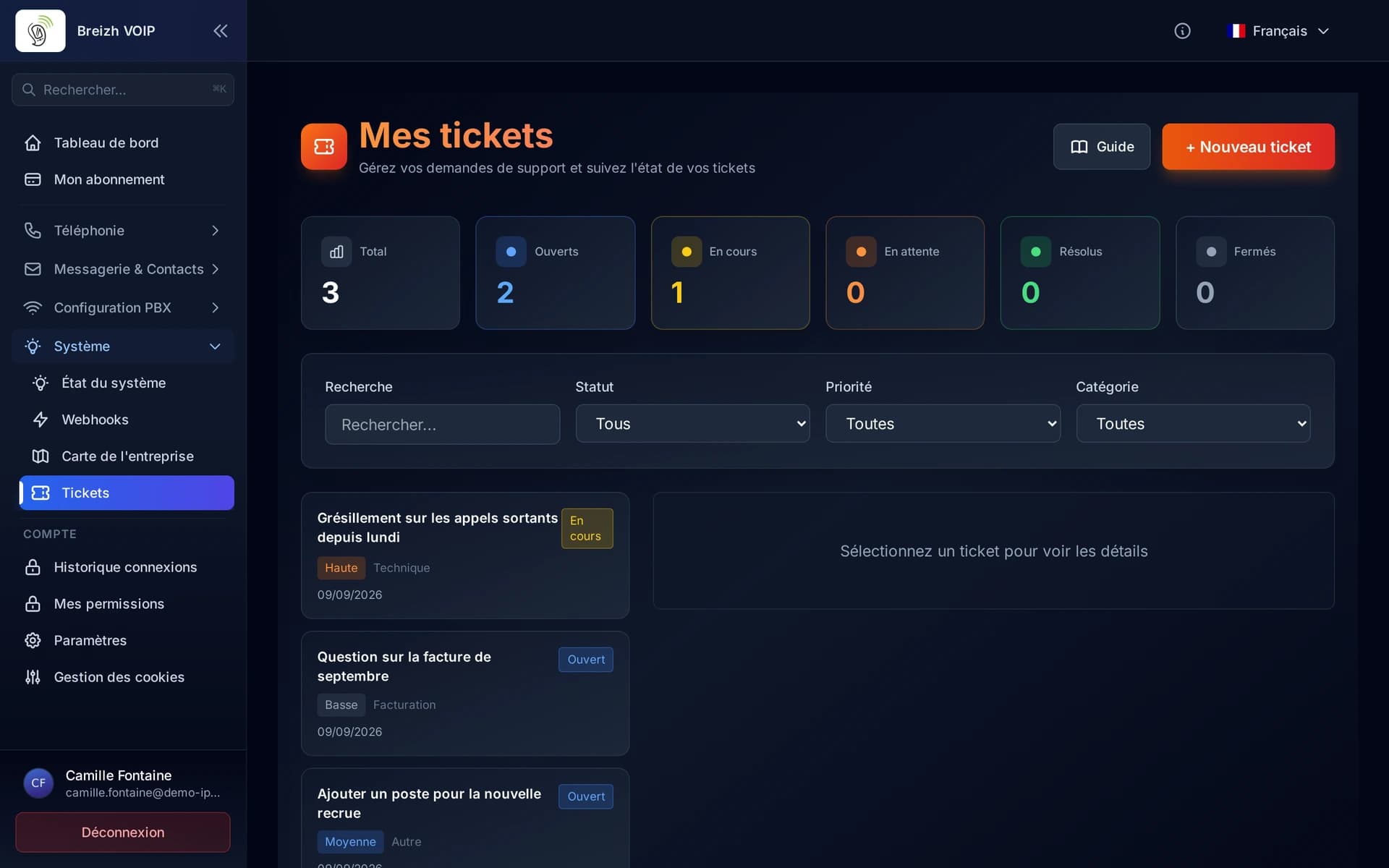 La liste de vos tickets, avec les compteurs par état en haut et les filtres au-dessus.