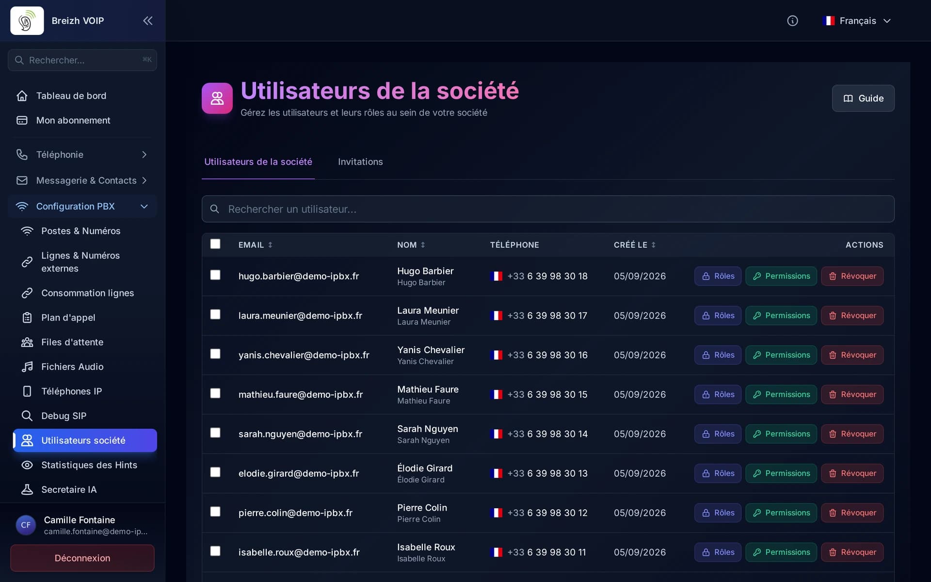 La liste des utilisateurs de la société, avec pour chacun ses rôles, ses permissions et l'action de révocation.