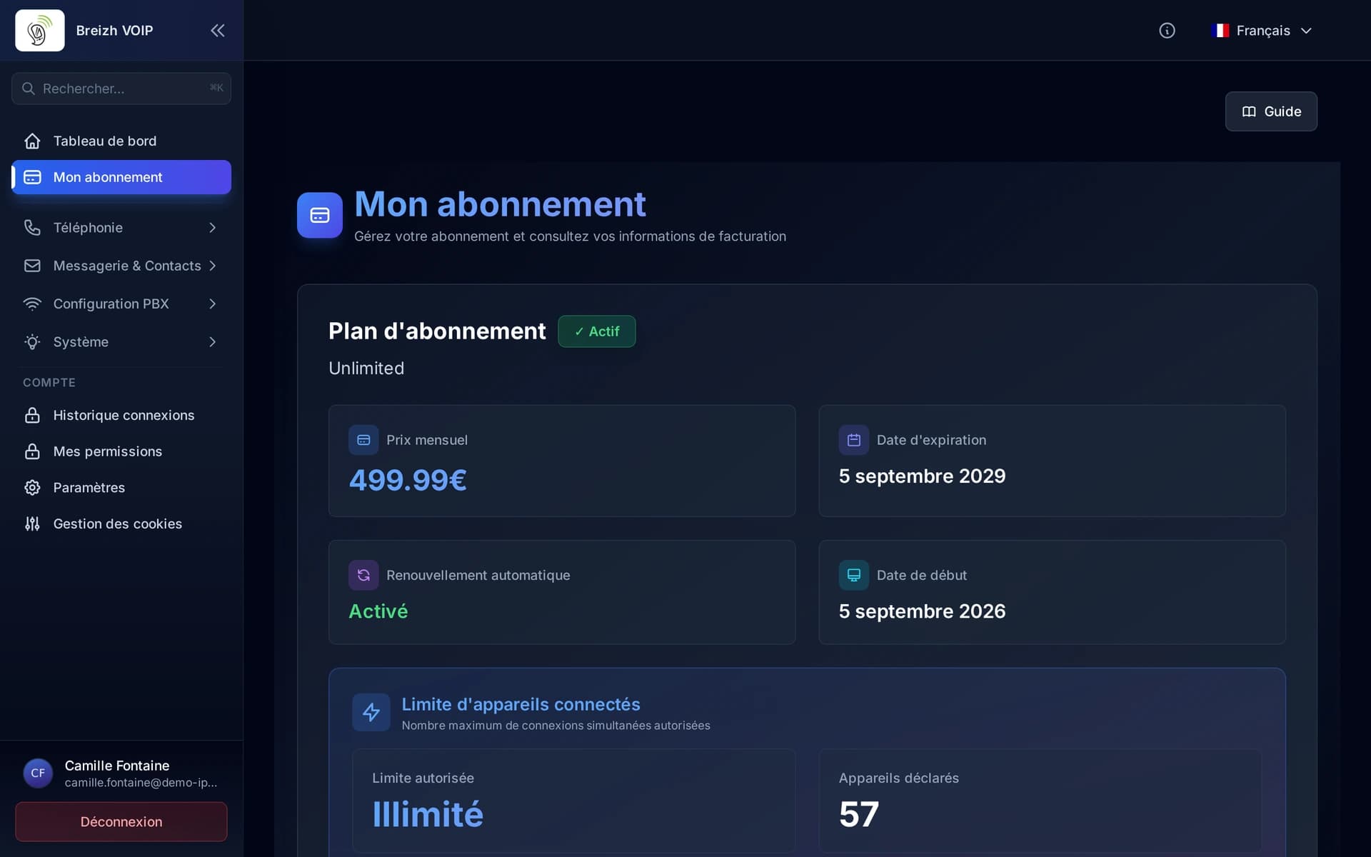 La formule en cours, ses dates, et la limite d'appareils avec ce qui est déjà déclaré.