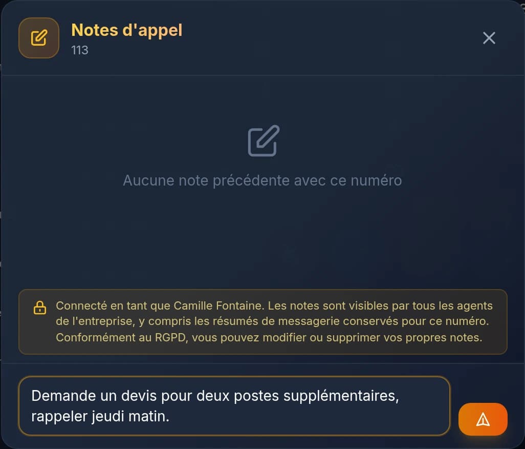 Le panneau Notes d'appel pendant une communication : l'historique du numéro en haut, la saisie en bas.