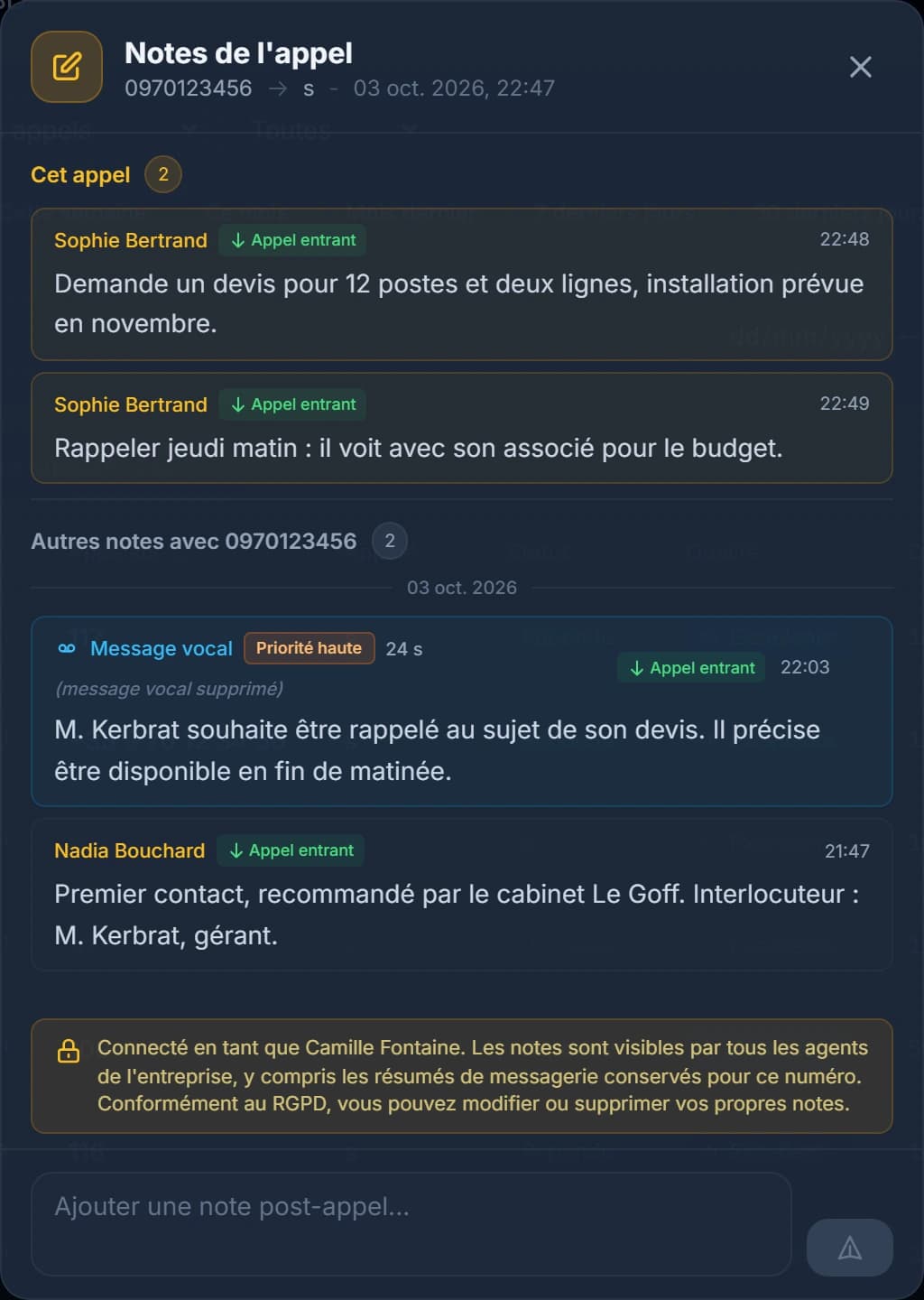 Les notes depuis l'Historique des appels : celles de cet appel en haut, puis les autres notes du numéro, dont un résumé de message vocal.