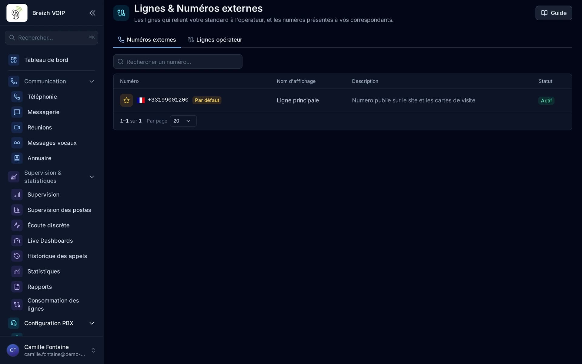 L'onglet Numéros externes : chaque numéro avec son nom, sa description et son statut. L'étoile marque le numéro par défaut.